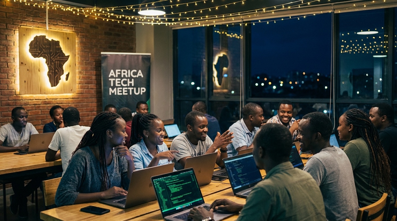 African developers at a shared workspace tech meetup at night, laptops glowing under string lights