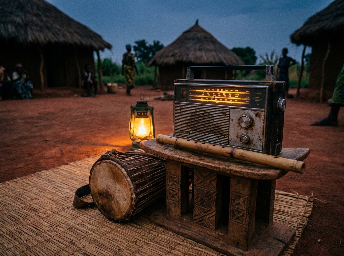 Vintage transistor radio beside a talking drum and wooden flute at dusk