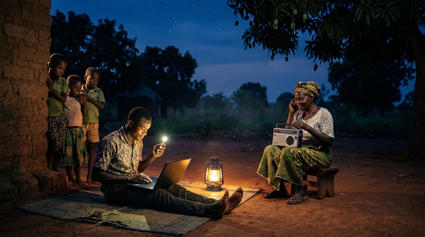 Developer coding by lantern light outside a village compound at dusk, family nearby